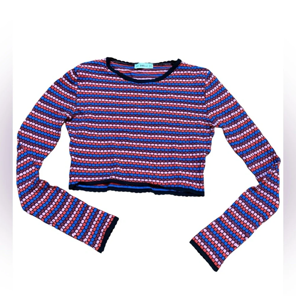 Zara Knit Striped Multicolor Textured Crop Long Sleeve Top Sz M Retro‎ 70s